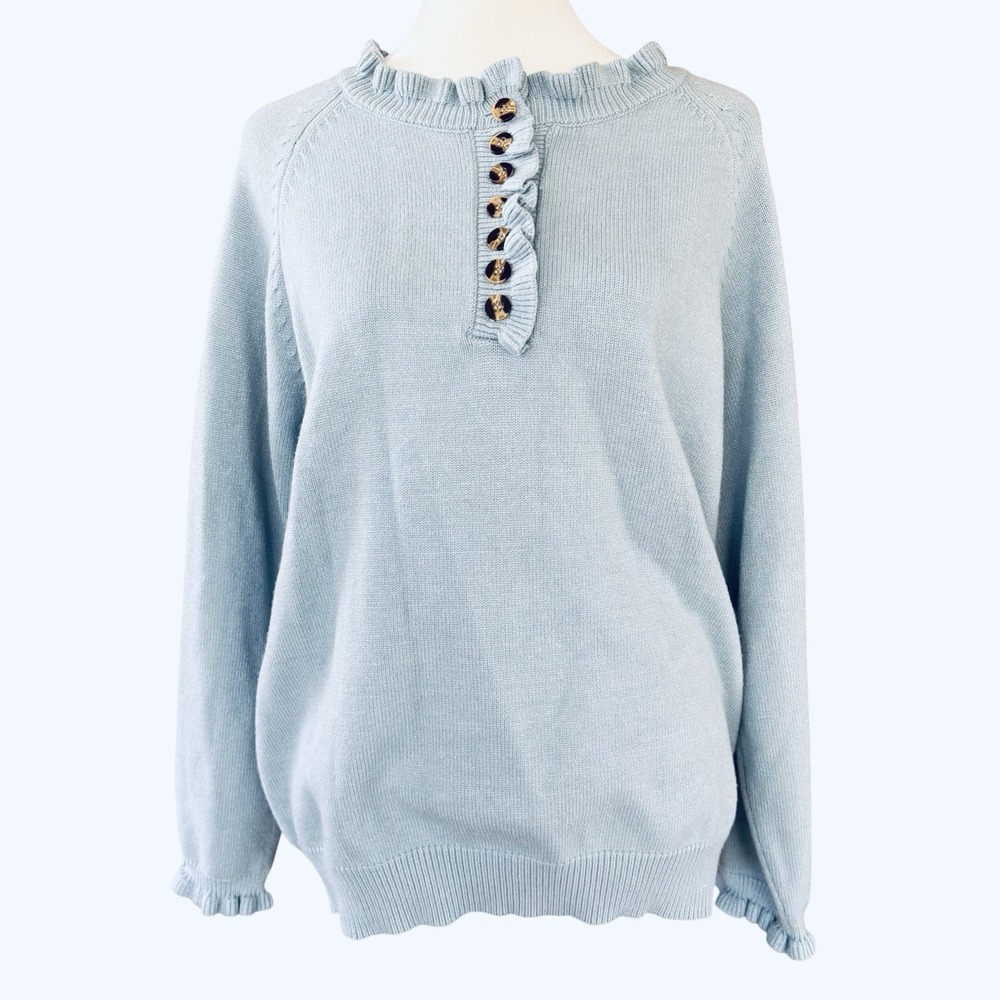 BTFBM Pastel Blue Ruffled Collar Knit Sweater Women's‎ M Quiet Luxury Coquette